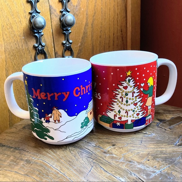 Set of 2 Vintage 1980s Merry Christmas I. Calvo signed illustration ceramic mugs